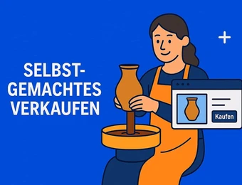 Person in blauer Kleidung und orange Schürze formt Ton auf Töpferscheibe; Bildschirm zeigt 'Kaufen'.