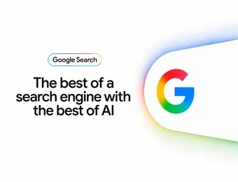 Weißer Hintergrund; links eine Textzeile und ein kleines Google Search-Logo; rechts ein großes, farbiges G-Symbol.