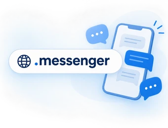 Logo .messenger auf weißer, abgerundeter Fläche; blaues Smartphone mit Chat-Bubbles vor hellem Hintergrund.