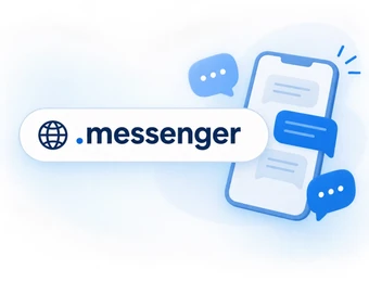 Symbolische Illustration eines Smartphones mit Chat-Bubbles; links ein weißes Banner mit .messenger und Globus-Symbol.