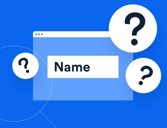 Blaues Hintergrundbild mit Browserfenster, Textfeld 'Name' und drei weißen Kreisen mit Fragezeichen.