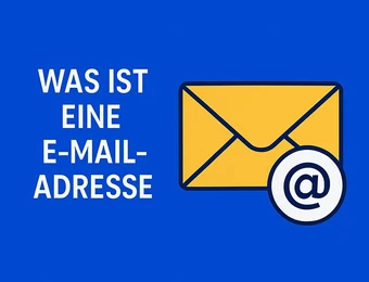 Blauer Hintergrund, gelber E-Mail-Umschlag rechts; weißer Kreis mit '@' über dem Umschlag.