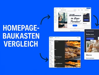 Blauer Hintergrund, drei Webseiten-Vorschau-Fenster, weiße Überschrift 'HOMEPAGE-BAUKASTEN VERGLEICH'.