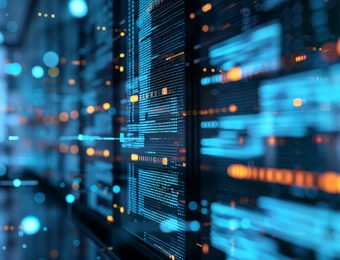 Serverracks mit blauen LEDs und orange Leuchten in einem Rechenzentrum, Spiegelungen und Kabel sichtbar.