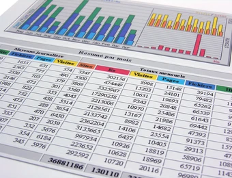 Gedruckte Seite mit Tabellen voller Zahlen und mehrfarbigen Balkendiagrammen (blau, grün, gelb).
