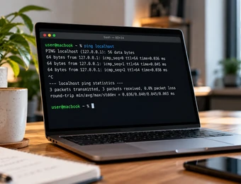 Laptop mit geöffnetem Terminal-Fenster auf Holztisch; daneben Pflanze, Tasse, Notizbuch und Smartphone, Fenster im Hintergrund.