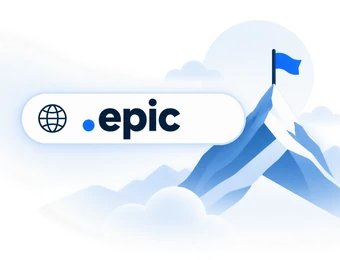 Ein weißes, abgerundetes Banner mit Globus-Symbol und '.epic' vor blauem Bergpanorama mit Wolken und Flagge.
