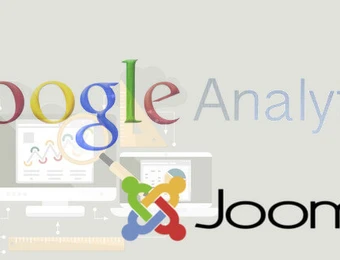 Google Analytics-Logo neben Joomla!-Logo; im Hintergrund Diagramme auf Monitoren auf heller Fläche.