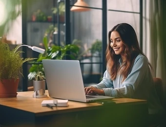 Young woman, female latin employee using laptop remote working at home office looking at computer talking having hybrid virtual meeting learning english communicating by video call, elearning webinar
