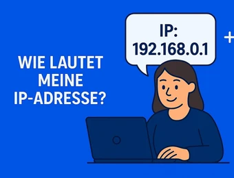 Eine Person sitzt am Laptop vor blauem Hintergrund; Sprechblase zeigt IP 192.168.0.1