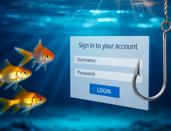 Unterwasserbild: Drei orange Fische links, ein Anmeldeformular mit Username, Password und LOGIN-Button, neben ein Angelhaken.