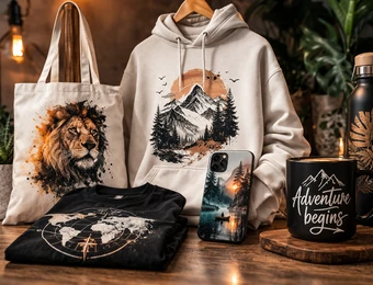 Vorne: Löwen-Totebeutel, Hoodie mit Bergen, Shirt mit Kreis-Motiv, Smartphone mit Bergmotiv, Becher 'Adventure begins'.