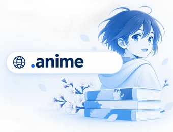 Anime-Stil-Zeichnung eines Charakters in Hoodie; links Logo .anime, rechts Bücherturm mit Porträt, Blumen.