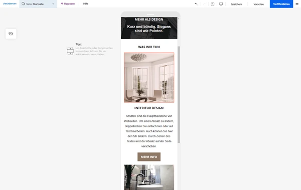 Schmaler Smartphone-Entwurf zentriert in der Browser-Seite, mit dunklem Header, Abschnitt 'WAS WIR TUN' und Innenraum-Bild plus Button.