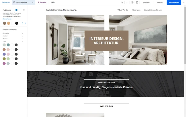 Screenshot einer Website-Startseite mit hellem Wohnzimmer im Hero-Bereich; Text: INTERIERT DESIGN. ARCHITEKTUR.