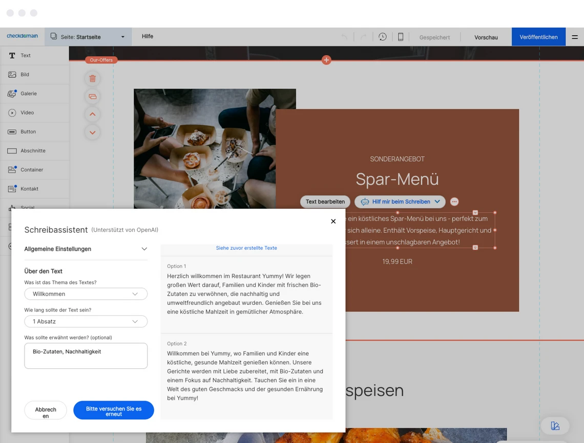 Screenshot eines Webseiten-Editors mit Banner Spar-Menü und Pop-up Schreibassistent über einem Bild von Personen beim Essen.