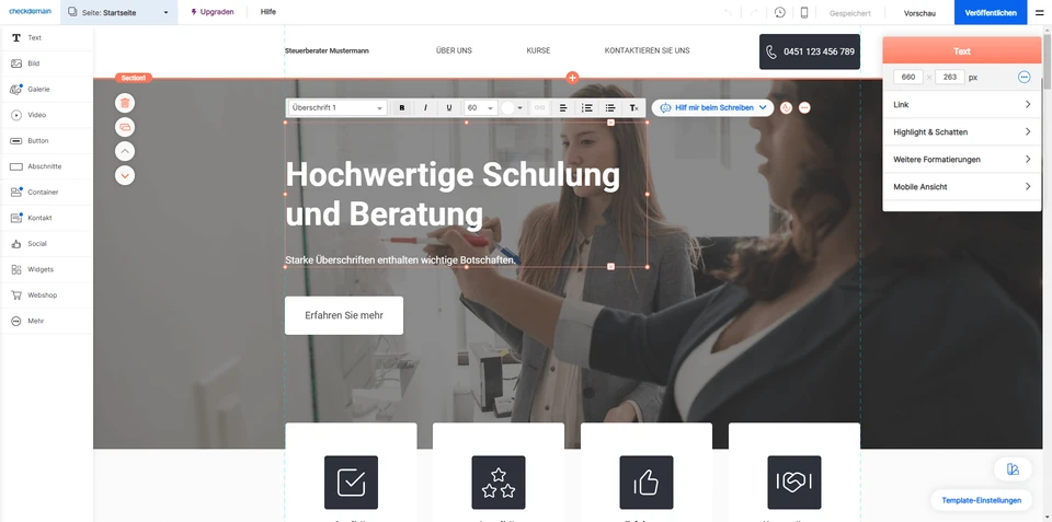 Screenshot einer Website mit dem Slogan 'Hochwertige Schulung und Beratung' und einer Gruppe von Menschen an einem Tisch.