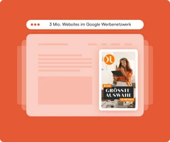 Oranger Hintergrund; oben weißer Balken mit Text; pinkes Weblayout; rechts Smartphone mit Magazin-Cover einer Person.