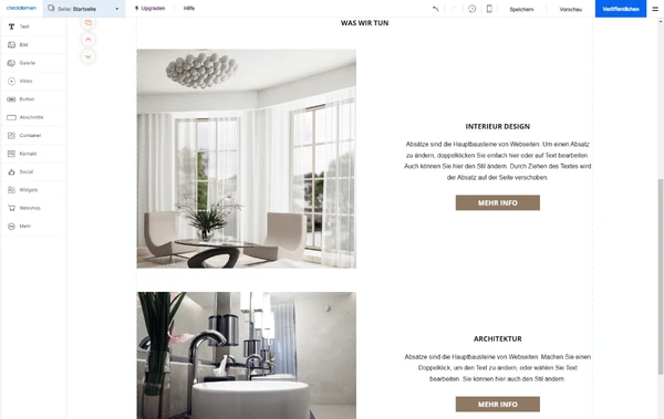 Oben heller Wohnraum mit Esstisch, Stühlen, großen Fenstern und Kronleuchter; unten Badezimmer mit Waschbecken und Armatur.