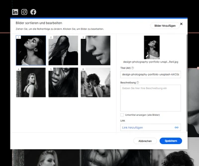 Screenshot eines Bildverwaltungsdialogs mit acht schwarz-weißen Porträtfotos in einem Raster; rechter Bearbeitungsbereich.