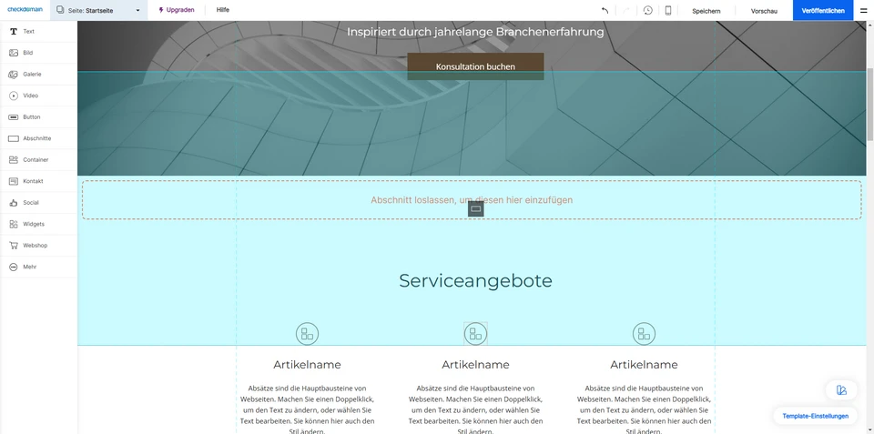 Screenshot einer Website: linke Leiste mit Symbolen, blauer Abschnitt Serviceangebote mit drei Artikelnamen.