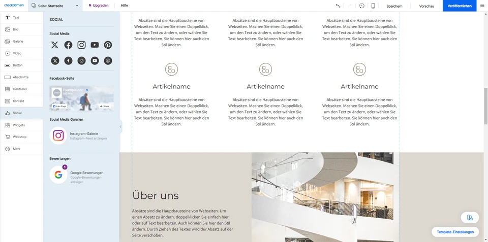 Screenshot einer Webseiten-Vorschau: linke Sidebar mit Social-Icons, Karten mit 'Artikelname', darunter Bild eines modernen Innenraums mit Treppe und Glas.