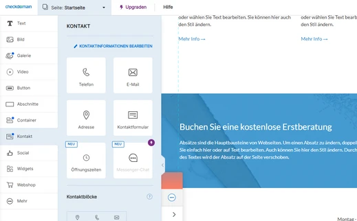Screenshot einer Baukasten-Oberfläche: linke Bausteine, mittlerer Kontaktbereich, rechte blauer Banner mit weißem Text.