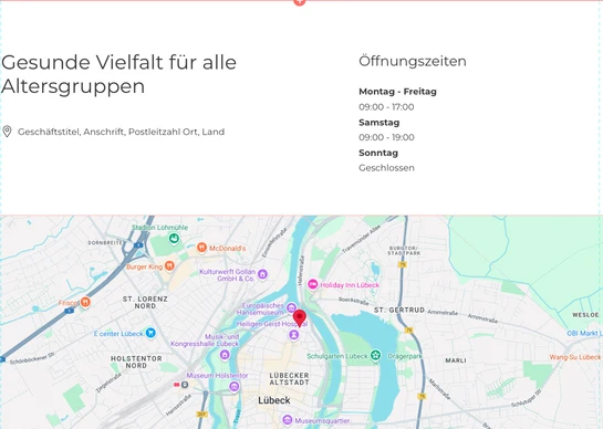 Oben Text: 'Gesunde Vielfalt für alle Altersgruppen' mit Öffnungszeiten; darunter Karte von Lübeck mit bunten Markern.