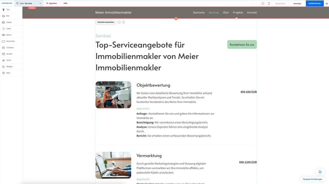 Screenshot einer Immobilien-Website: Seitenleiste, Layout mit zwei Cards 'Objektbewertung' und 'Vermarktung'