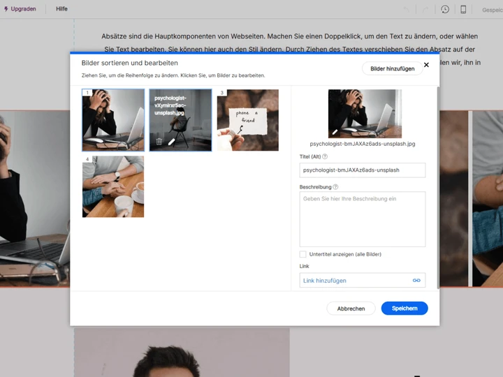 Bild-Upload-Dialog mit dem Titel Bilder hinzufügen und mehreren Vorschaubildern.