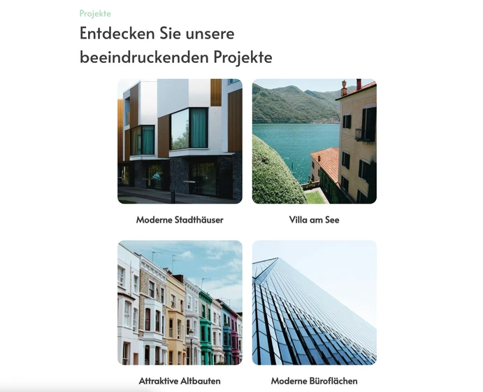 Vier quadratische Fotos von Gebäuden: Moderne Stadthäuser, Villa am See, Attraktive Altbauten, Moderne Büroflächen.