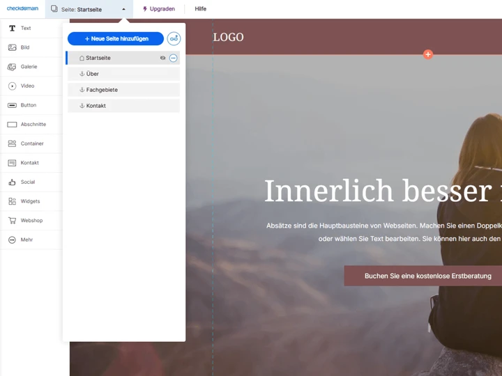 Website-Editor: Heldenbereich mit Person von hinten vor Berg- und Meerlandschaft, weiße Überschrift 'Innerlich besser'.