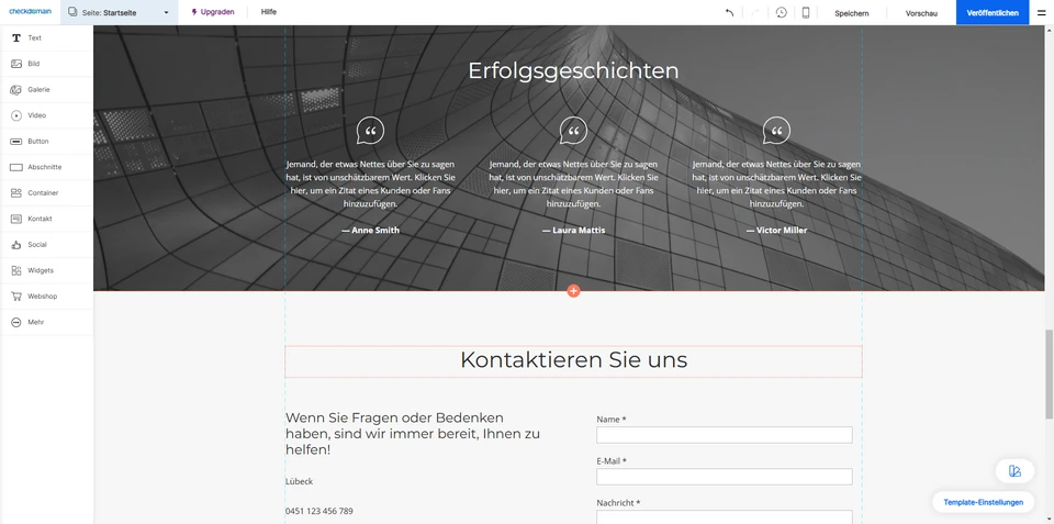 Webseite mit grauem Banner 'Erfolgsgeschichten' und vier Zitatboxen; darunter Kontaktformular mit Feldern Name, E-Mail.