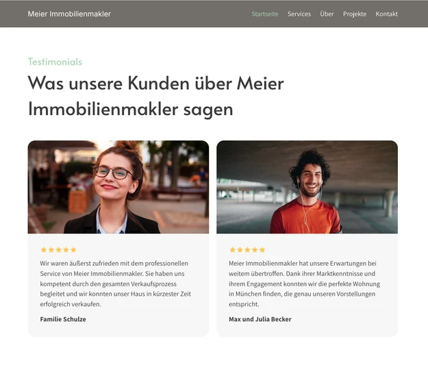Webseite mit zwei Testimonial-Karten; links lächelnde Frau mit Brille, rechts Mann in roter Kleidung.