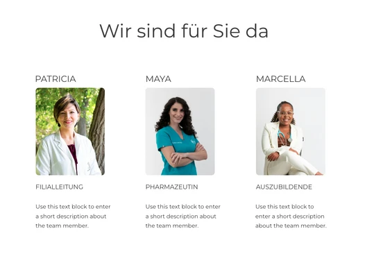 Drei Porträts von Personen in Frontansicht; links Frau im weißen Mantel vor Baum, Mitte Frau in blau, rechts Frau im hellen Anzug.