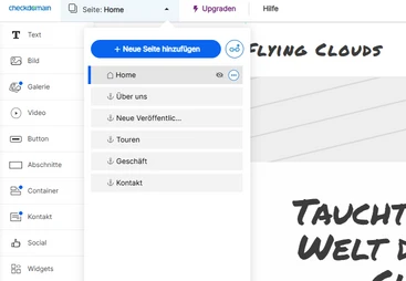 Screenshot eines Website-Editors: linke Bausteinliste (Text, Bild, Galerie, Video, Button) und Dialog 'Neue Seite hinzufügen'.