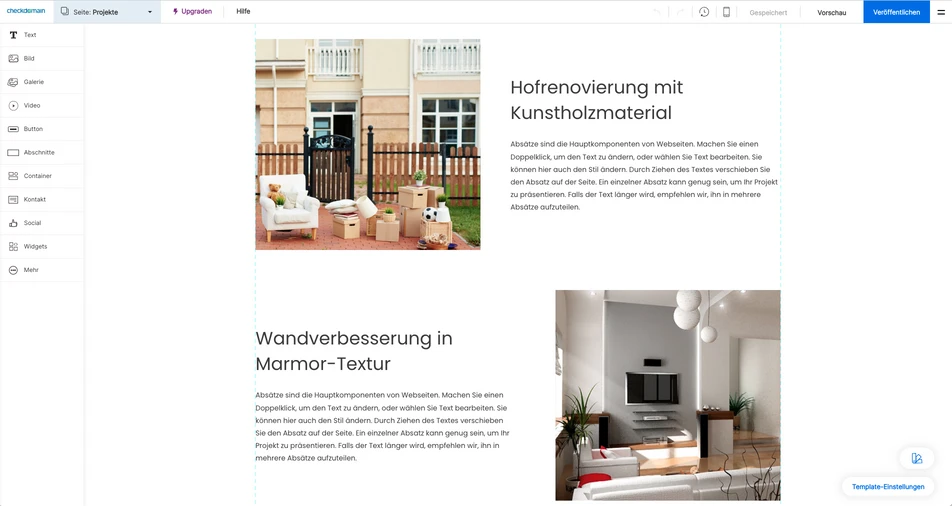 Screenshot einer Website-Vorlage: Außenbereich mit Gartenmöbeln aus Holz; daneben ein Wohnzimmer mit Sofa und TV.