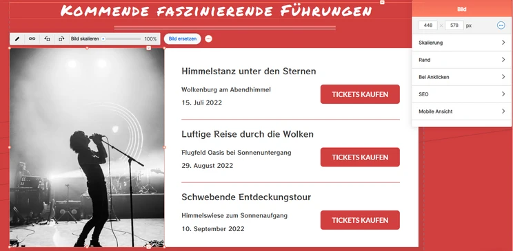 Schwarzweißes Bühnenbild: Sänger-Silhouette mit Mikrofon vor Scheinwerfern; rechts Liste von Veranstaltungen mit roten Tickets.