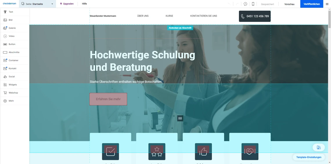 Website-Vorschau: Heldenbereich mit Titel Hochwertige Schulung und Beratung, zwei Personen, blaues Overlay, pinker Button.