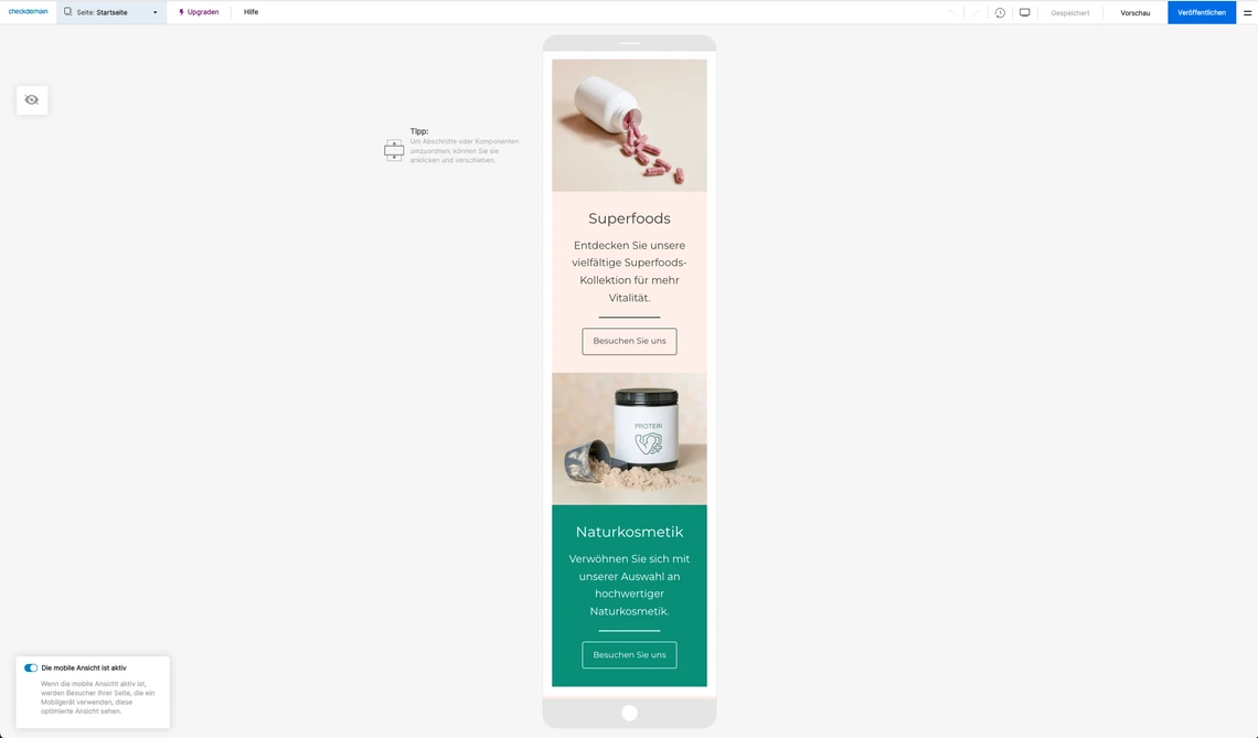 Vertikale Werbung mit drei Karten: oben Hand mit Flasche, Mitte Superfoods, unten Behälter auf grünem Hintergrund.