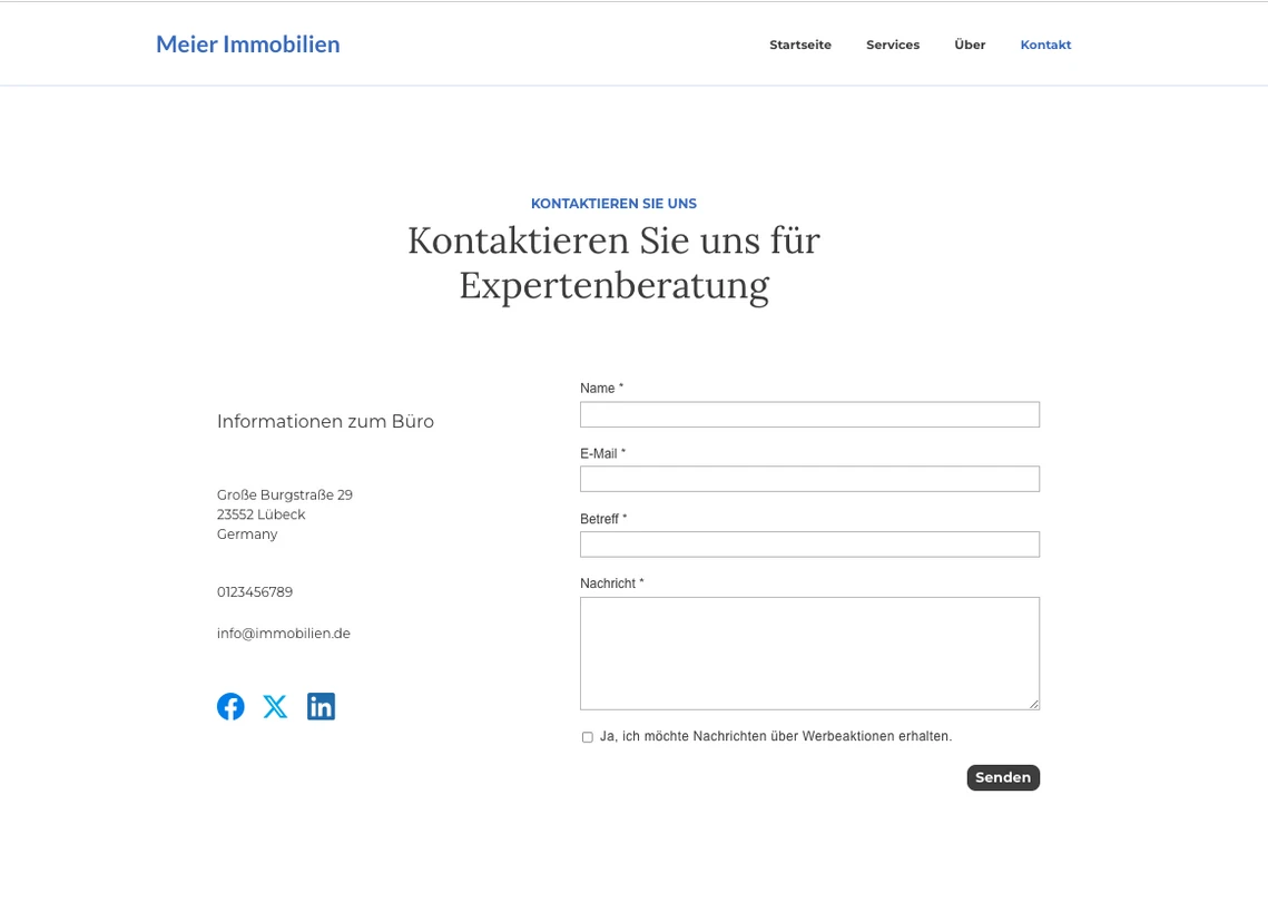 Webseite mit Kontaktformular; links Kontaktdaten, rechts Felder Name, E-Mail, Betreff, Nachricht sowie Senden-Button.