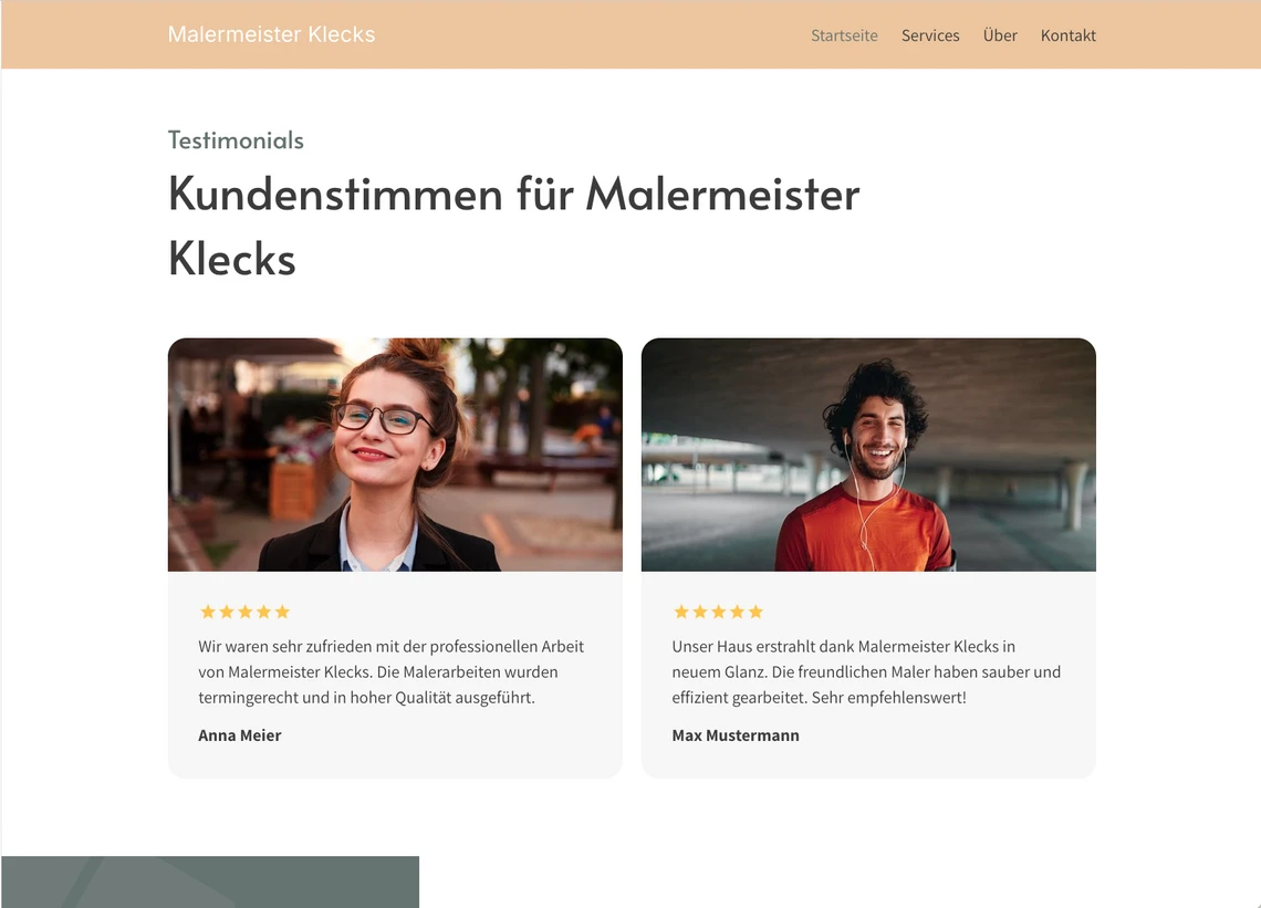 Zwei Porträts: links eine Frau mit Brille, rechts ein Mann mit lockigem Haar in rotem Oberteil; darunter Sterne.