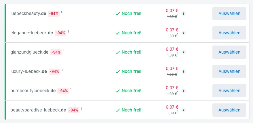Tabellarische Anzeige mehrerer Domainnamen mit grünem Haken 'Noch frei!' und Preis 0,07 €, daneben eine blaue 'Auswählen'-Schaltfläche.