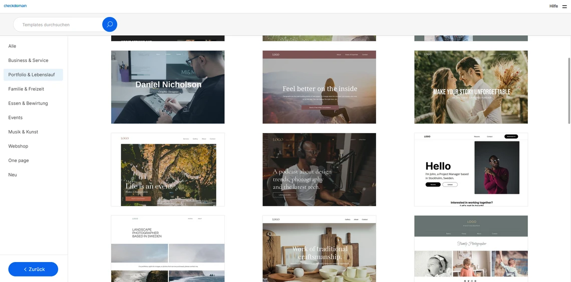 Screenshot einer Design-Galerie mit Thumbnail-Raster und linker Kategorienliste.
