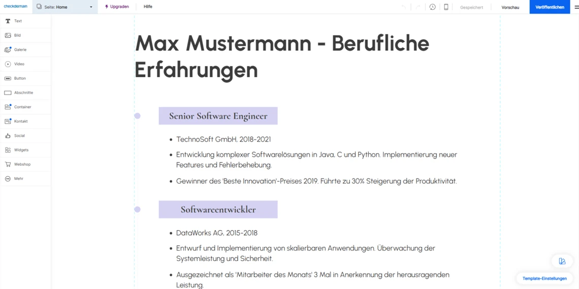 Screenshot eines Lebenslaufs: Titel Max Mustermann - Berufliche Erfahrungen; Senior Software Engineer und Softwareentwickler.