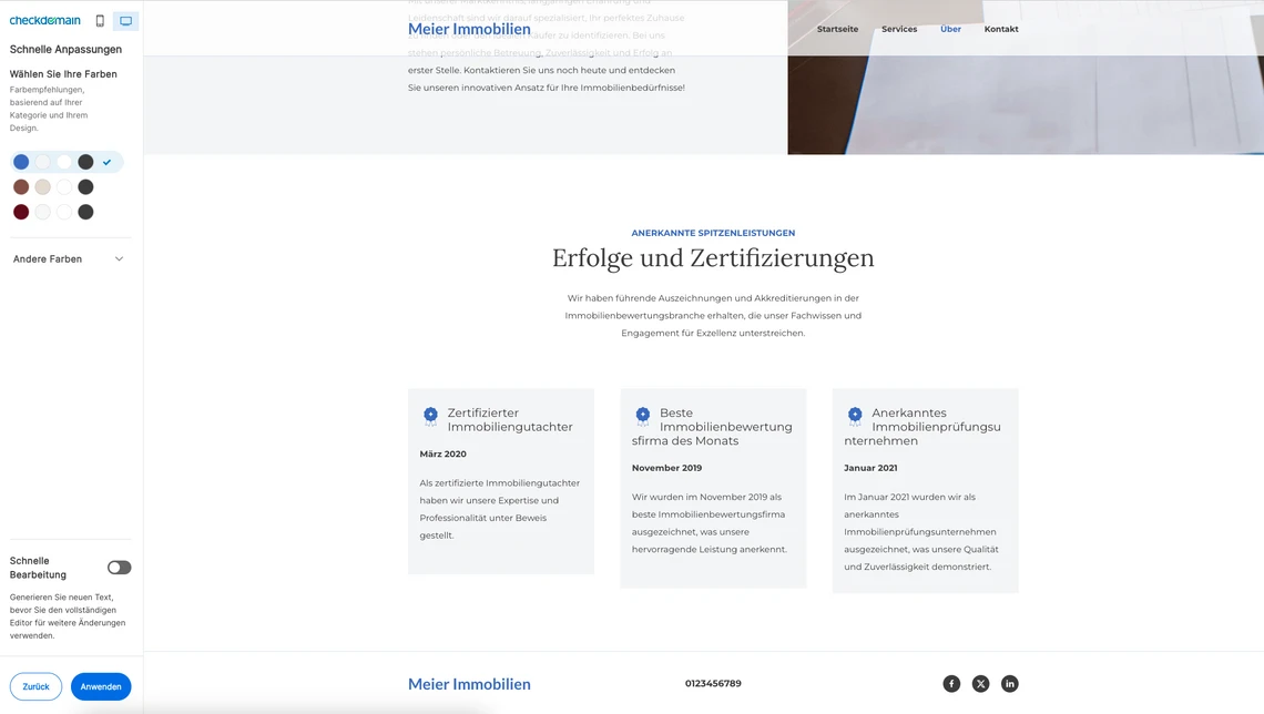 Screenshot einer Website mit der Überschrift Erfolge und Zertifizierungen; drei graue Karten; linke Farbauswahl.