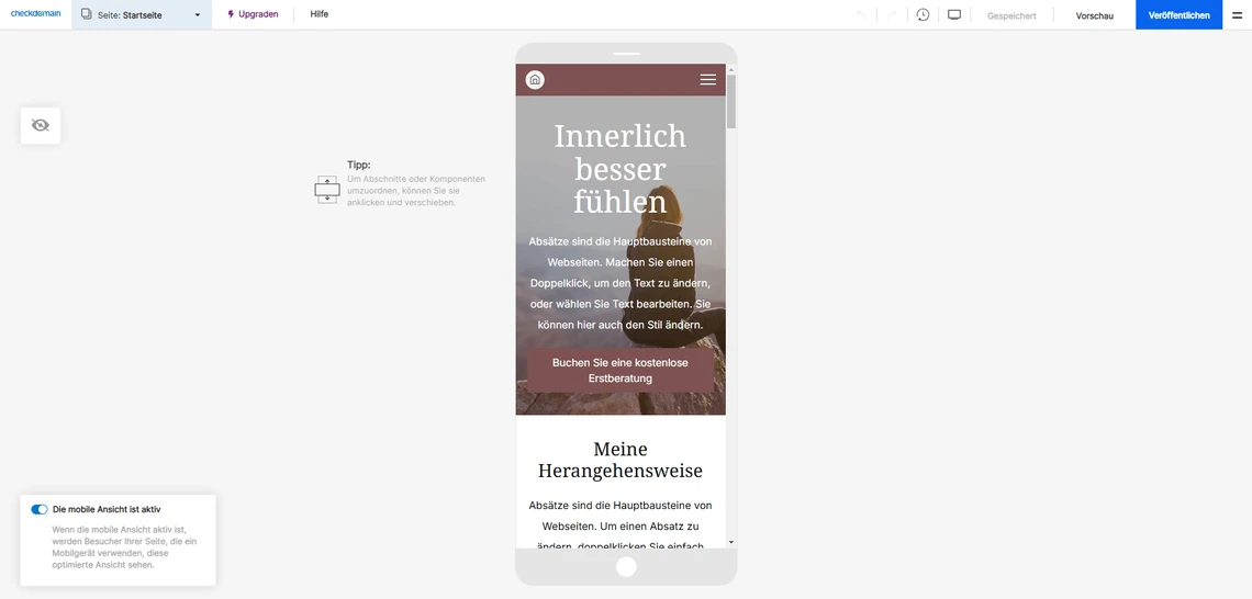 Screenshot einer Smartphone-Ansicht auf einer Webseite; brauner Banner Innerlich besser fühlen und Abschnitt Meine Herangehensweise