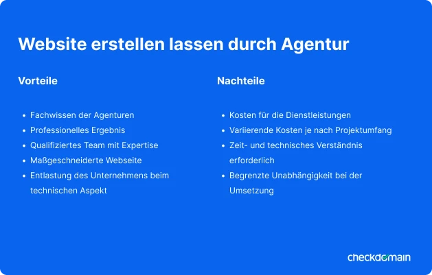 Blaue Folie mit Überschrift 'Website erstellen lassen durch Agentur'; zwei Spalten: Vorteile und Nachteile.