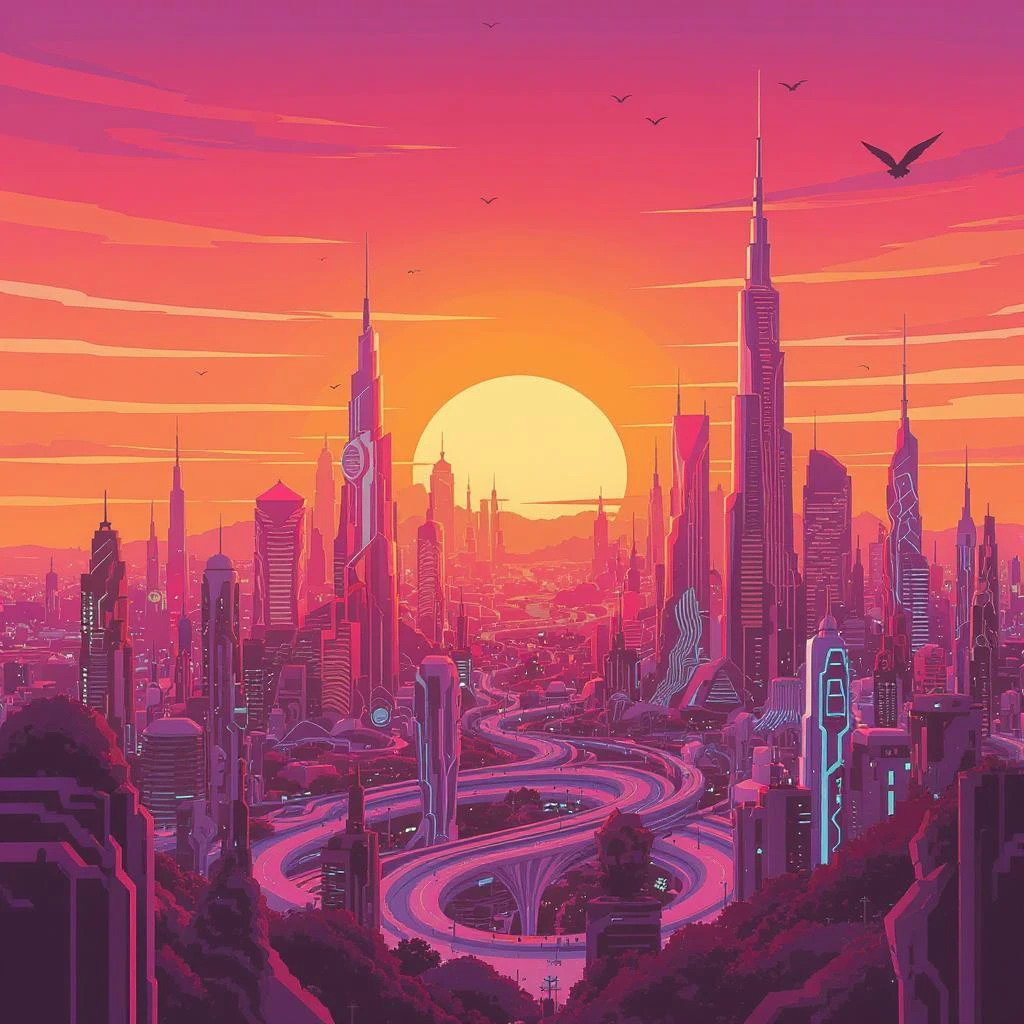 Stadtansicht mit hohen Wolkenkratzern bei Sonnenuntergang, kurvige Straße im Vordergrund, Vögel am Himmel.