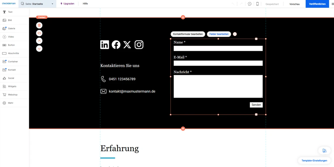 Screenshot einer Webseitengestaltung: linke dunkle Spalte mit Icons, rechte Kontaktform mit Name, E-Mail, Nachricht; darunter Erfahrung